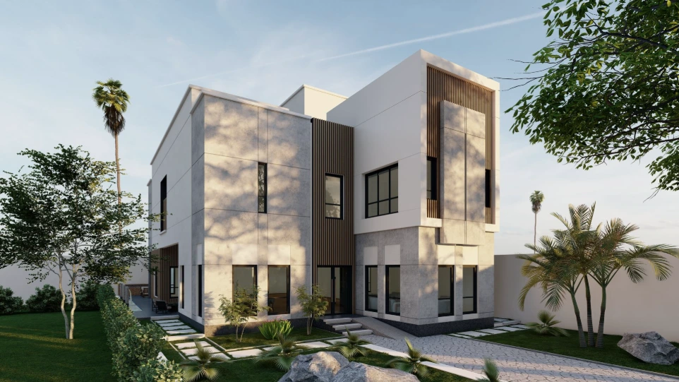 تصميم فيلا مودرن مع شرائح خشبية - الدوحة قطر