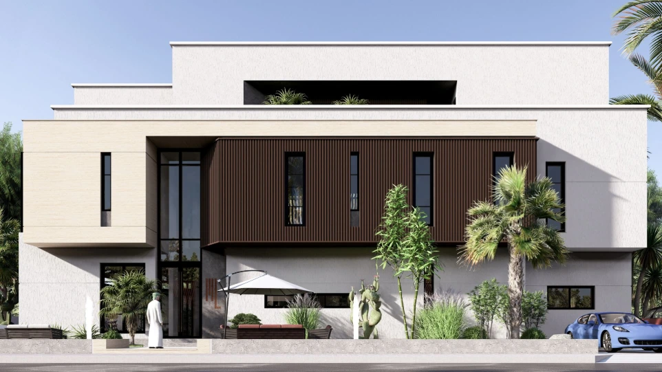 تصميم فيلا مودرن مع شرائح خشبية - سلطنة عمان