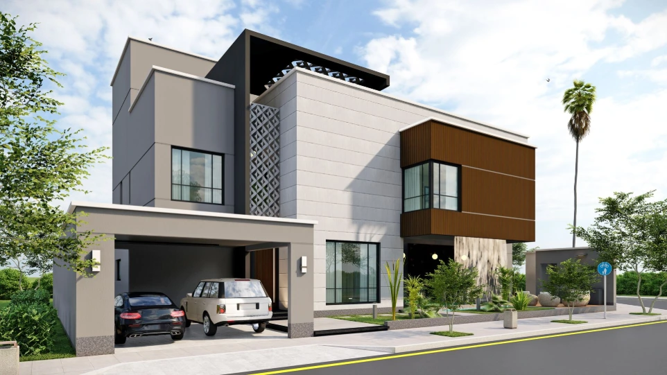 تصميم فيلا مودرن حجر مع ألواح خشبية - سلطنة عمان