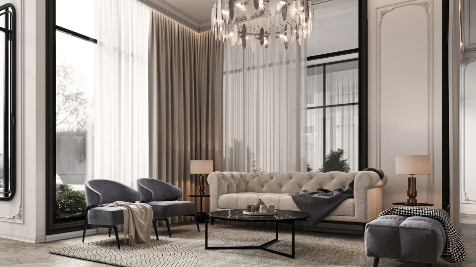 تصميم صالة استقبال فاخرة نيوكلاسيك - الدوحة قطر