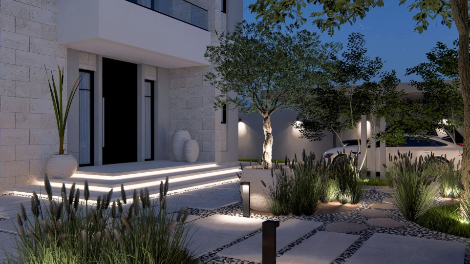 تصميم حديقة فيلا مع توزيع الإضاءة  - الدوحة قطر