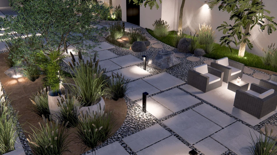 تصميم حديقة فيلا مع توزيع الإضاءة - الدوحة قطر